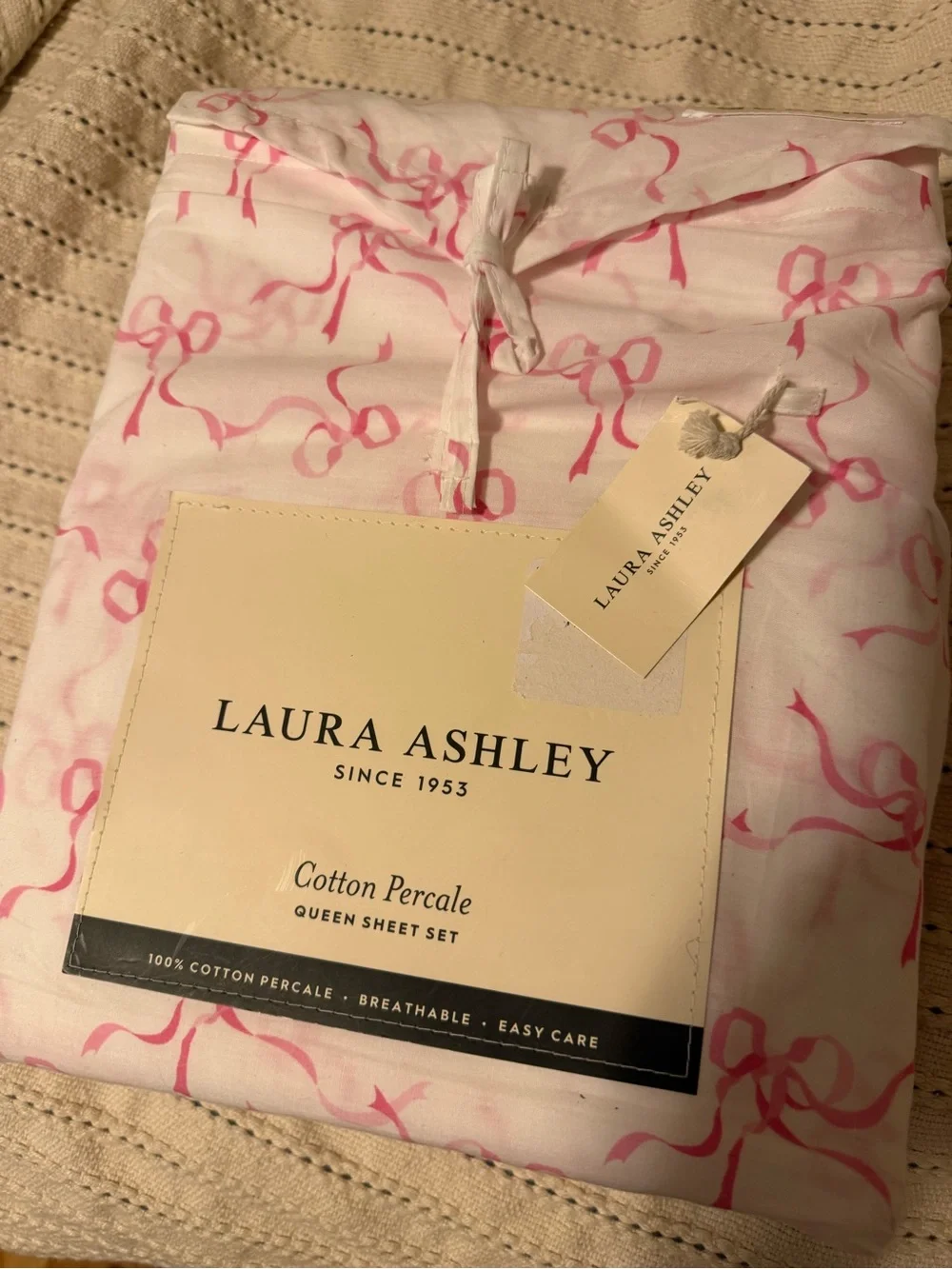 Laura Ashley Pink Bow Cotton Percale Queen Sheet Set